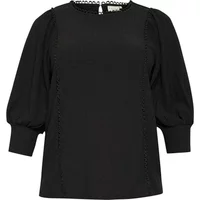 Black KAFFE Curve Alvina blouse with puffed three-quarter sleeves and lace trim detailing.