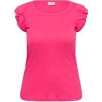 Pink KAFFE Curve Carina blouse with ruffled cap sleeves and round neckline.