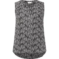 Sleeveless black and white patterned blouse with round neckline and curved hem by KAFFE Curve.