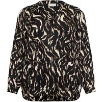 Women's blouse KAFFE Curve KCDiana, black with beige abstract pattern, long sleeves, V-neckline.