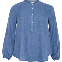 Blue KAFFE Curve blouse with long sleeves, round neck, and buttoned placket.