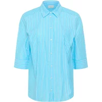 Blue and white striped women's blouse with three-quarter sleeves and a pointed collar.