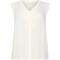 White sleeveless women's blouse with V-neck, button-down front, and ruffled shoulder details.