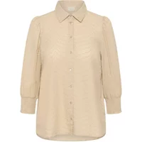 Beige women's blouse by KAFFE Curve, button-up with long sleeves, collar, and subtle textured pattern.
