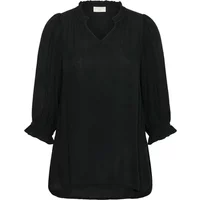 Black KAFFE Curve blouse with V-neck, ruffled collar, and three-quarter sleeves.