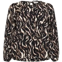 Black and beige patterned women's blouse with long sleeves and round neckline by KAFFE Curve.