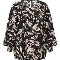Black and beige patterned women's blouse with long sleeves and a round neckline by KAFFE Curve.