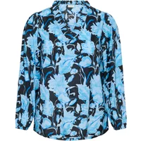 Women's blouse KAFFE Curve Sasja, blue floral pattern on black, long sleeves, V-neck, lightweight fabric.