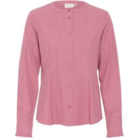 Pink long-sleeve women's blouse by Kaffe with button front and round neckline.
