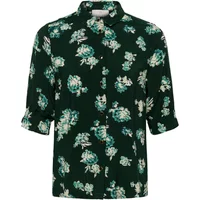 Dark green women's blouse with white floral pattern and button-up front by Kaffe.