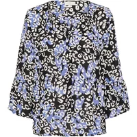 Black and white leopard print women's blouse with blue accents and three-quarter sleeves by Kaffe.