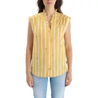 Yellow and white striped sleeveless blouse with ruffled V-neck and subtle floral pattern.