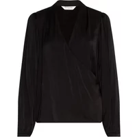 Black women's blouse by Moss Copenhagen with long sleeves and a V-neck wrap design.