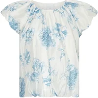White blouse with blue floral pattern, short puff sleeves, and gathered neckline by Moss Copenhagen Evangelia AOP.