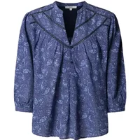 Blue floral women's blouse by Pepe Jeans Brigitte, featuring a V-neck, long sleeves, and gathered yoke detailing.