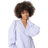 Blue and white striped women's blouse with puffed sleeves and wrap design by Soaked in Luxury Oriana.