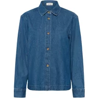 Blue denim women's blouse by Soaked in Luxury with button-up front and classic collar.