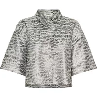 Gray patterned women's blouse by Soaked in Luxury, short sleeves, button-up front, and collared neckline.