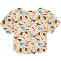 Floral women's blouse TBS Gyselron with short sleeves, featuring multicolored leaves and flowers on a cream background.