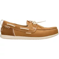 Tan women's boat shoes Hey Dude Harbor Breeze Lo with white laces and stitching, rubber sole, and slip-on design.