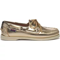 Gold Sebago Portland Met women's boat shoes with leather laces and white soles.