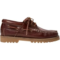 Brown leather women's boat shoes with lace-up front and tan rubber sole.