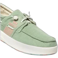 Green TBS Geoflot women's boat shoe with white sole, rope laces, and side stripe detail.