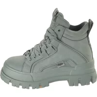 Gray vegan nubuck mid-calf women's boots by Buffalo with chunky sole and lace-up front.