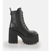 Black vegan Nappa lace-up boots with chunky platform heel and side zipper.