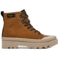 Brown suede women's boots Pepe Jeans Ascot Desert with chunky beige sole and lace-up front.