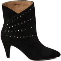 Black suede women's ankle boots with pointed toe, mid-heel, and decorative silver studs.