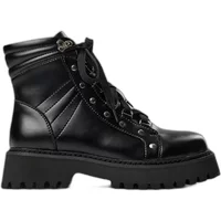 Black leather women's boots with lace-up front, padded ankle, and chunky treaded sole.