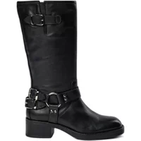 Black knee-high leather boots with buckle straps and low block heel.