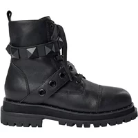 Black leather women's boots by Sofie Schnoor with studded ankle strap, lace-up front, and chunky treaded sole.