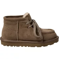 Brown suede ankle boots with lace-up front, faux fur lining, and rubber sole.