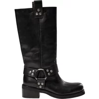 Black knee-high leather boots with silver buckle and strap detail, block heel, and pull tabs.