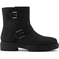 Black TOMS Iomoto women's boots with dual buckles, ankle height, and rugged sole.