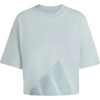 Gray Adidas women's boyfriend T-shirt with oversized fit and large logo on the front.