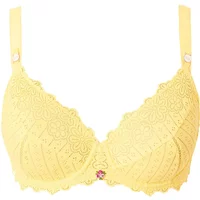 Yellow lace Brigitte Bardot Poetesse bra with floral patterns and scalloped edges.