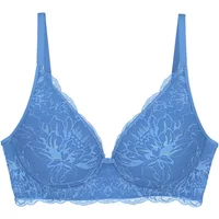 Blue lace Triumph Amourette Charm T bra with floral pattern and adjustable straps.