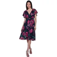 Women's butterfly sleeve dress, Goddiva Printed Lurex A Line Midi, floral pattern, V-neck, knee-length, dark base.