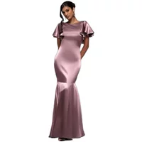 Lilac satin dress with butterfly sleeves, fitted bodice, and flared mermaid skirt by Goddiva.