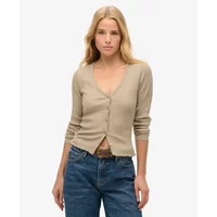 Beige women's buttoned cardigan by Superdry, featuring a V-neck and ribbed texture, worn with blue jeans.