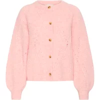 Pink women's cardigan by Atelier Rêve Azora, featuring round neck, wooden buttons, and balloon sleeves.