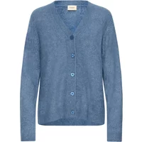 Blue women's cardigan by fransa FREllis 1 with V-neck, button closure, and long sleeves.