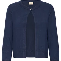 Navy blue women's cardigan with round neckline, single button closure, and long sleeves.