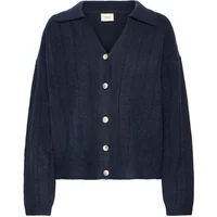 Navy blue women's cardigan with V-neck, button front, and ribbed texture.