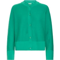 Green women's cardigan fransa FRSinja 2 with round neckline, button-up front, and ribbed cuffs and hem.