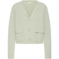 Light green women's cardigan by fransa Ita 10, featuring a button front, two front pockets, and a shawl collar.