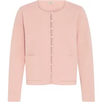 Pink women's cardigan by fransa Ita 9, featuring round neckline, button front, and two front pockets.